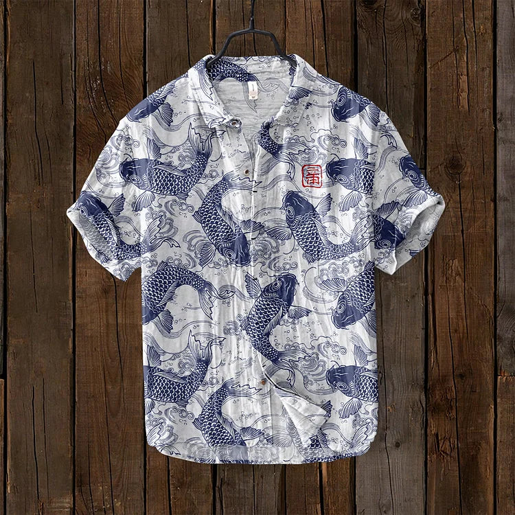 Ogie – Linen Shirt with Vintage Fish Pattern