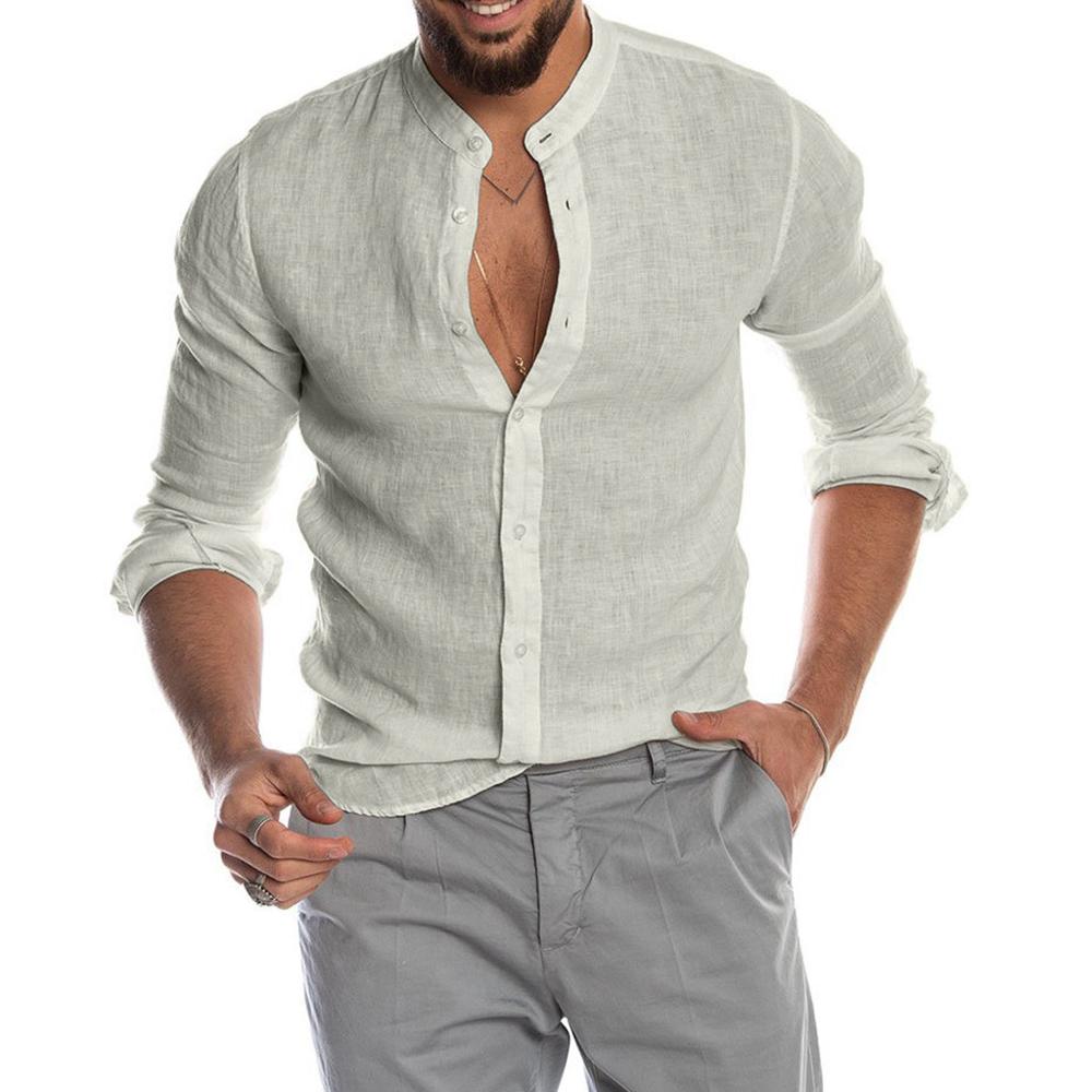 Heath - Men's Linen Shirt with Stand Collar, Long Sleeve