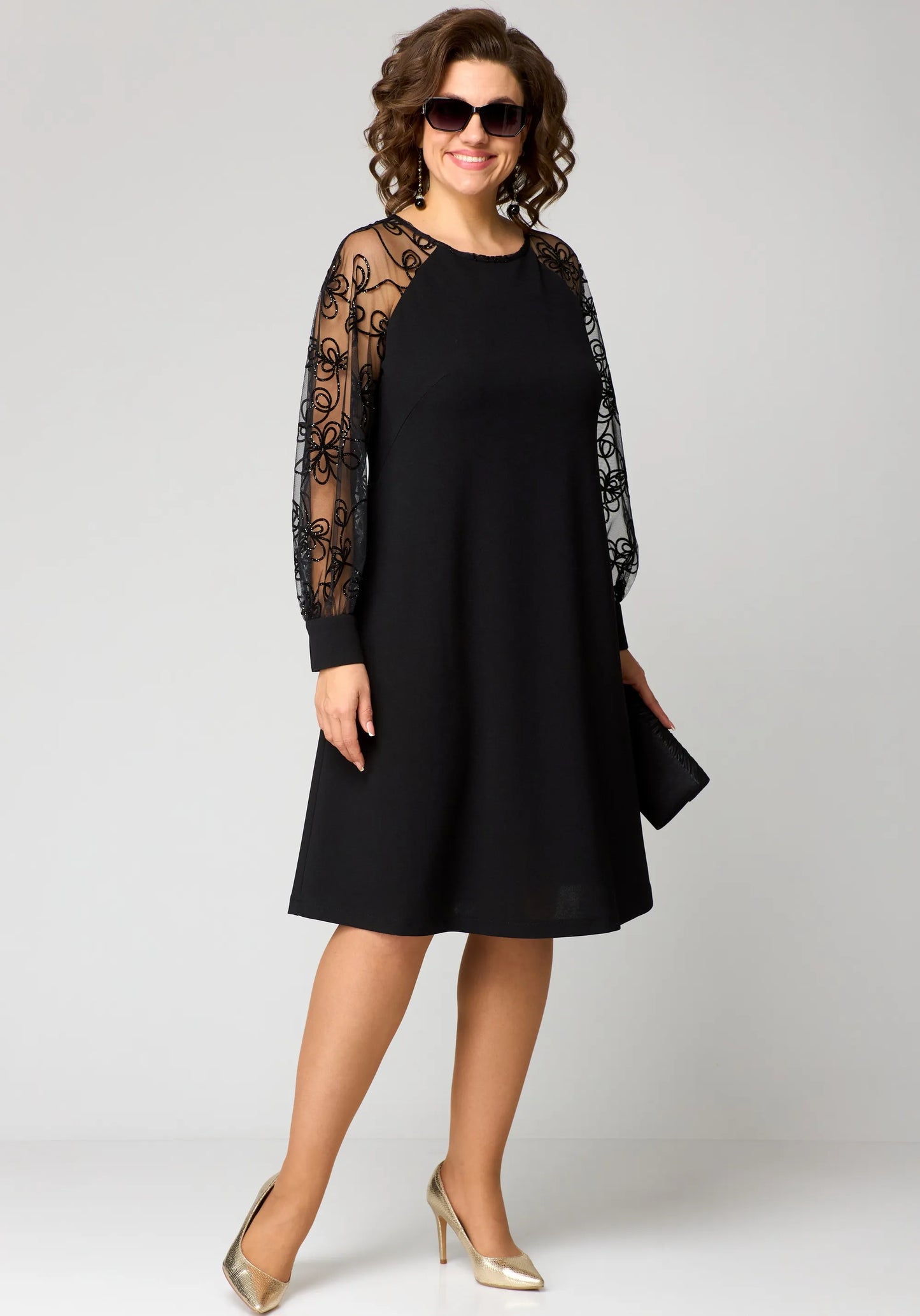 Gabrielle - A-Line Dress with Embroidered Mesh Sleeves