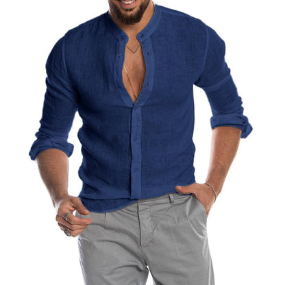Heath - Men's Linen Shirt with Stand Collar, Long Sleeve