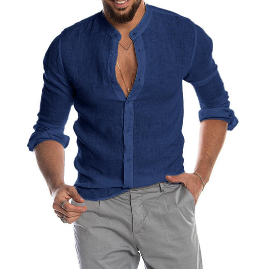 Heath - Men's Linen Shirt with Stand Collar, Long Sleeve