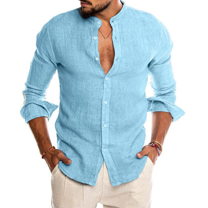 Heath - Men's Linen Shirt with Stand Collar, Long Sleeve