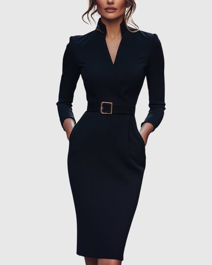 Lara – Stylish Midi Dress with Crossed Collar