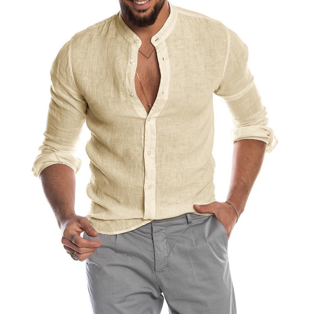 Heath - Men's Linen Shirt with Stand Collar, Long Sleeve