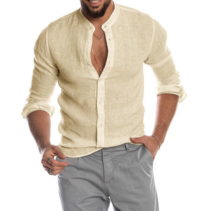 Heath - Men's Linen Shirt with Stand Collar, Long Sleeve