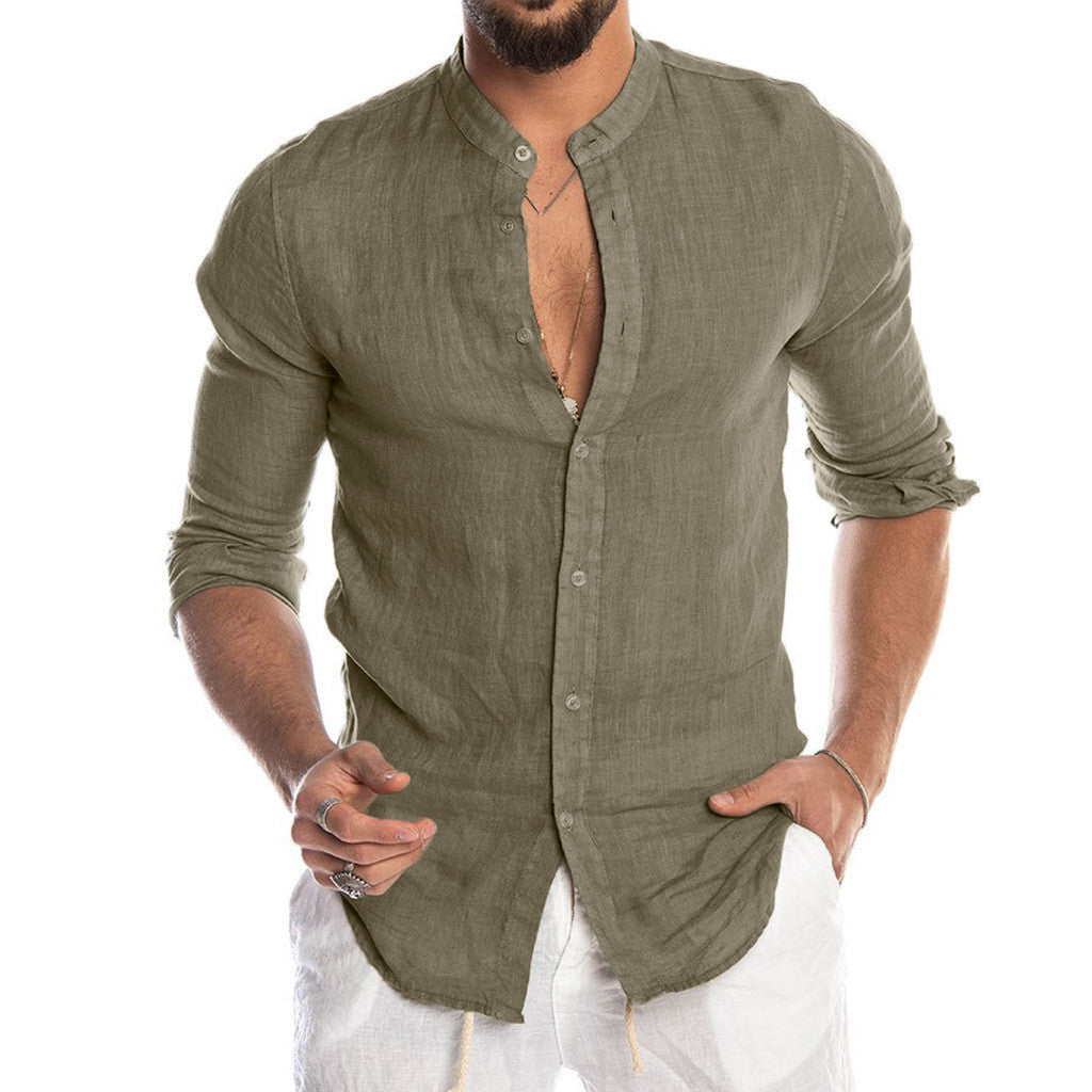 Heath - Men's Linen Shirt with Stand Collar, Long Sleeve