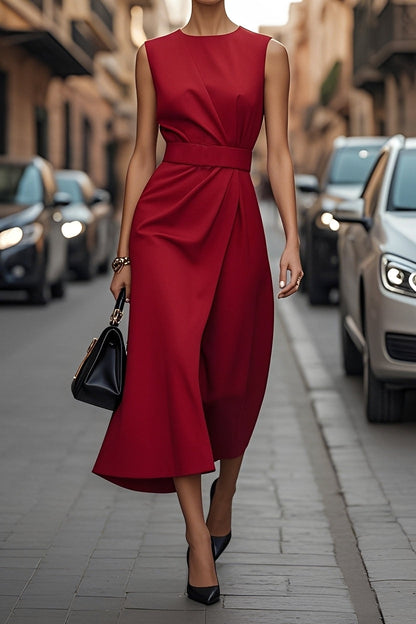 Karly - Sleeveless midi dress with waist belt for women
