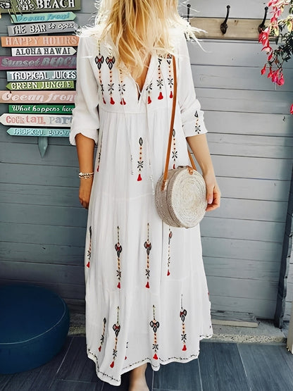 Jean - Boho dress with V-neck and floral pattern for women