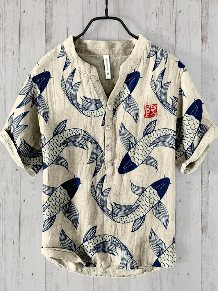 Ogie – Linen Shirt with Vintage Fish Pattern