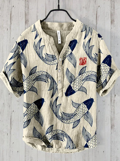 Ogie – Linen Shirt with Vintage Fish Pattern
