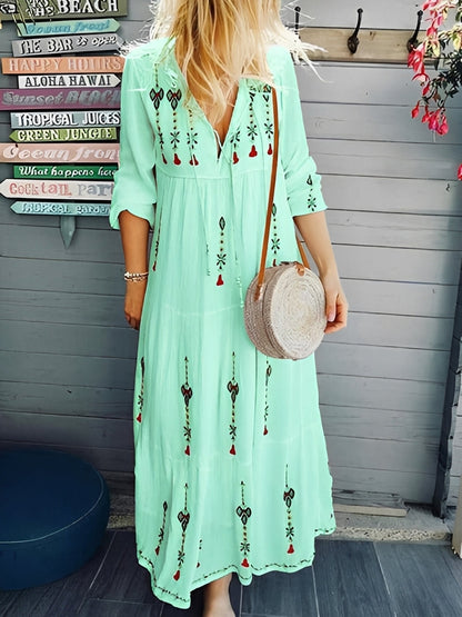 Jean - Boho dress with V-neck and floral pattern for women