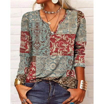 Katharina - Boho-Style Multicolored Blouse, Long Sleeve with V-Neck