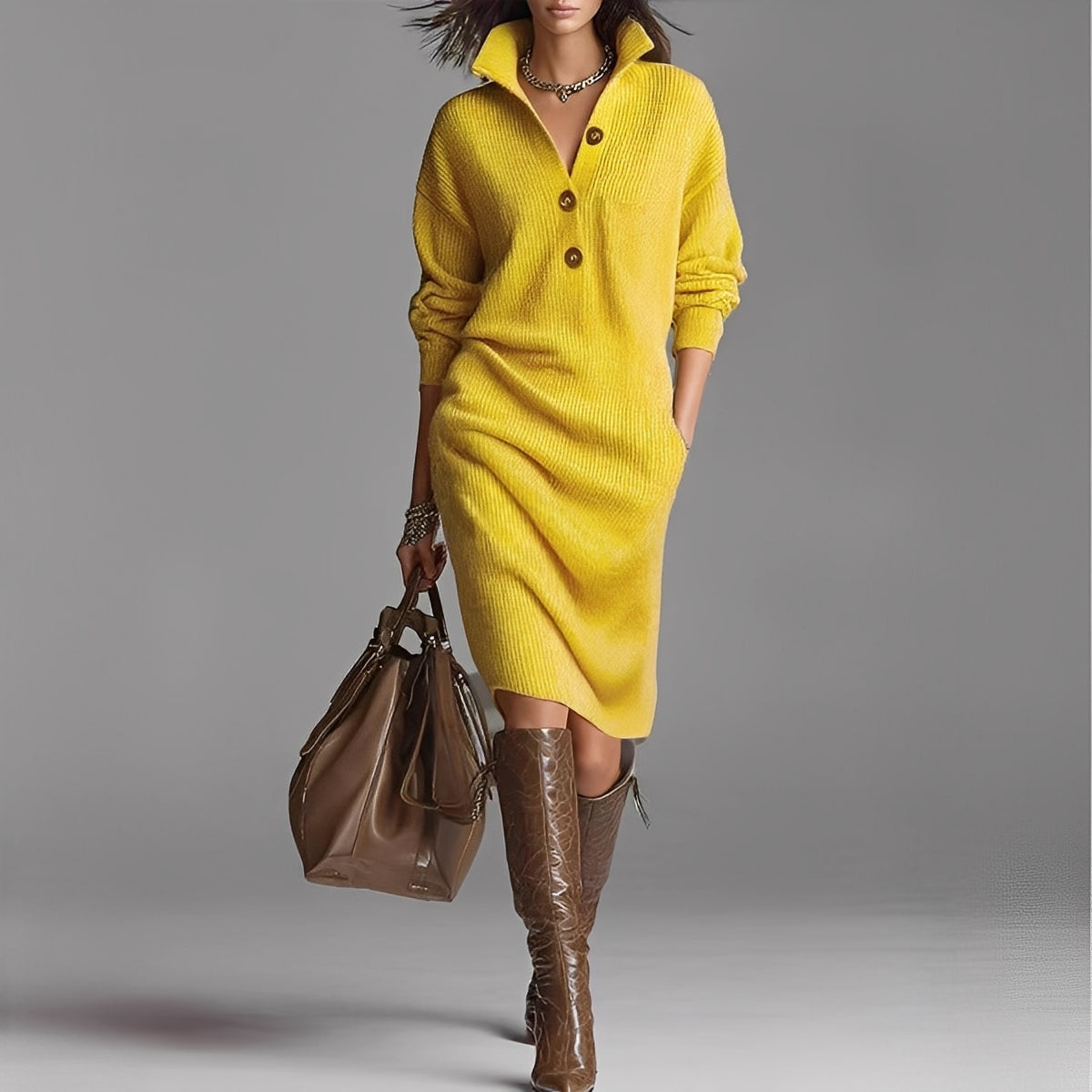 Camryn - Chic Knit Dress Featuring Buttons and Collar for Women