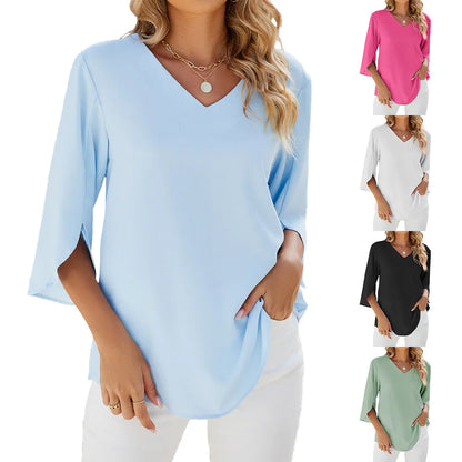 Caetana – Chiffon blouse with short sleeves and V-neckline