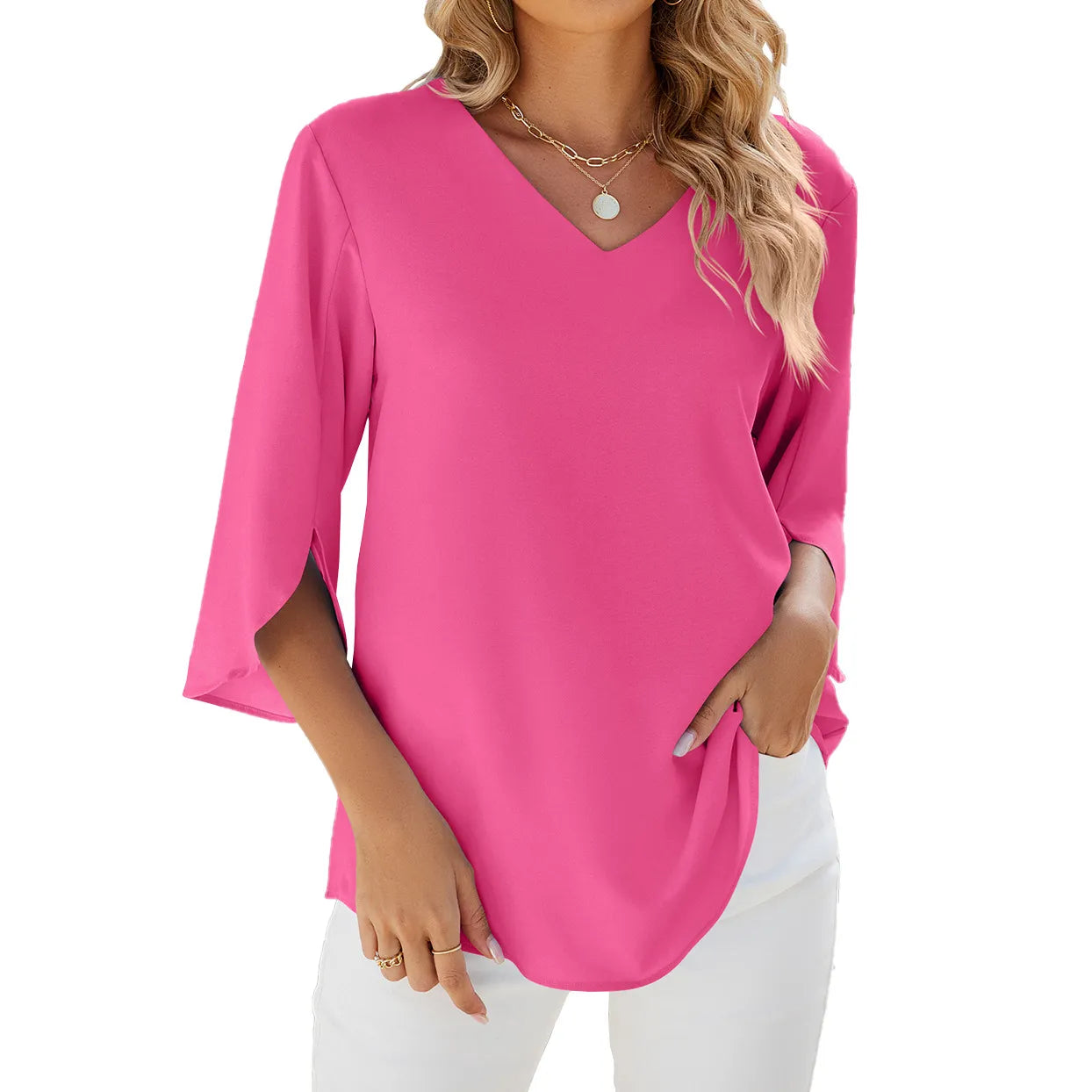 Caetana – Chiffon blouse with short sleeves and V-neckline
