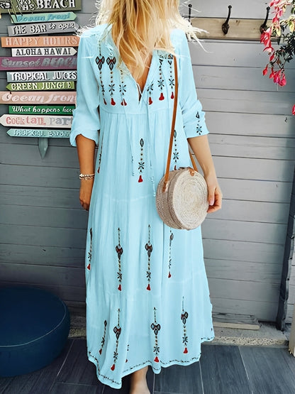 Jean - Boho dress with V-neck and floral pattern for women