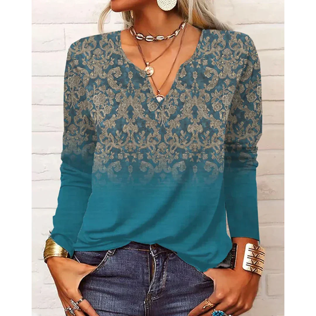 Katharina - Boho-Style Multicolored Blouse, Long Sleeve with V-Neck