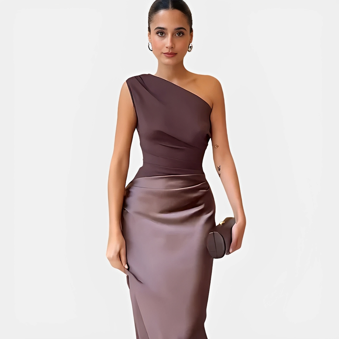 Tara – Chic Dress with Asymmetrical Collar and Straight Skirt