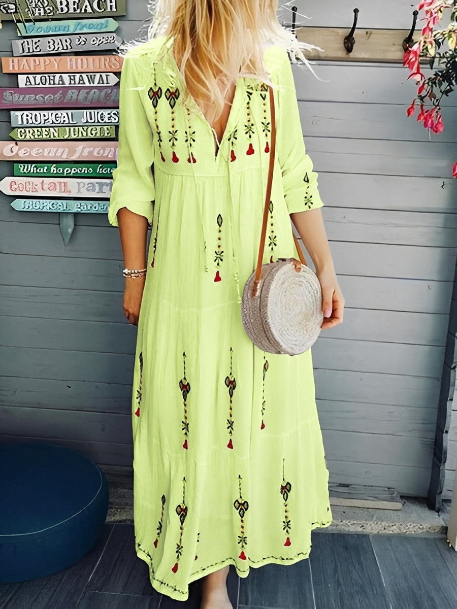 Jean - Boho dress with V-neck and floral pattern for women