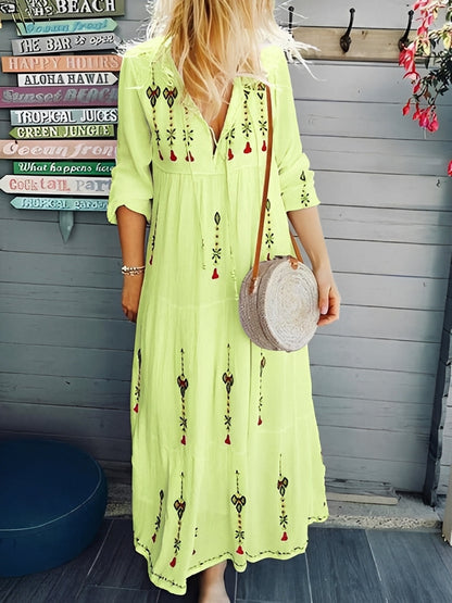 Jean - Boho dress with V-neck and floral pattern for women