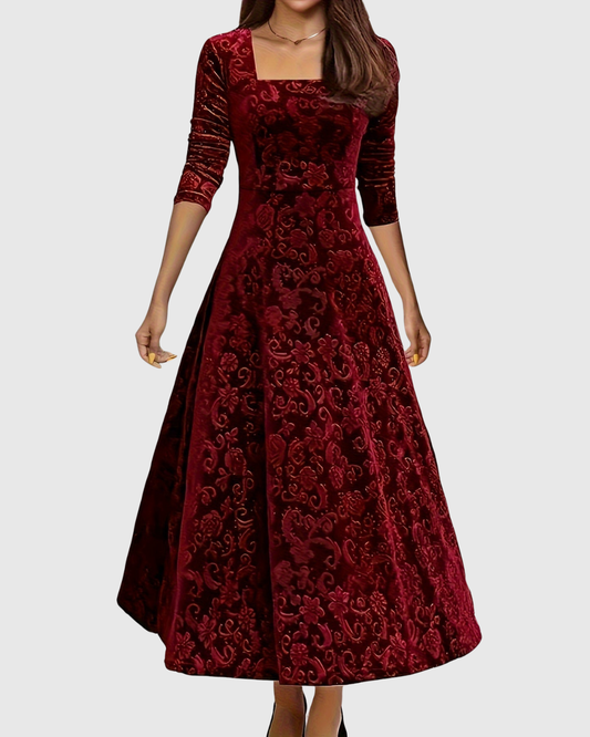 Amandine - Elegant Floral Velvet A-Line Midi Dress