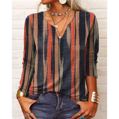 Katharina - Boho-Style Multicolored Blouse, Long Sleeve with V-Neck