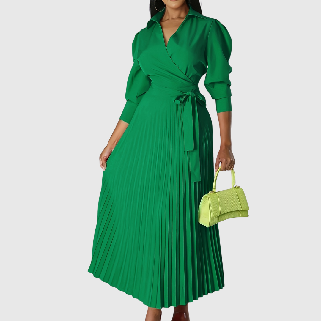 Elise – Chic Midi Dress with V-Neck and Pleated Detail