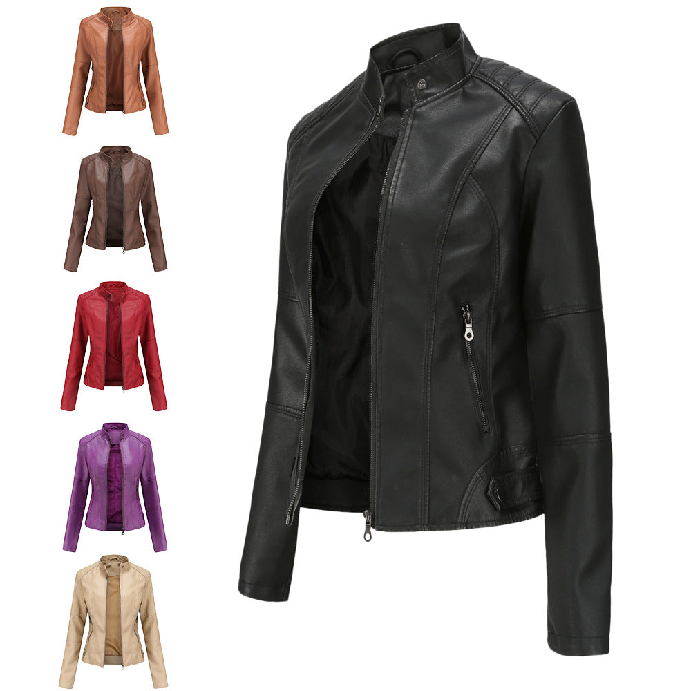 Claudia - Biker leather jacket with raised collar