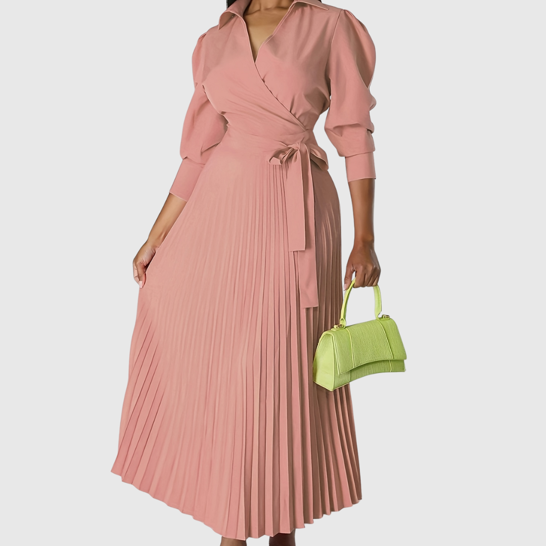 Elise – Chic Midi Dress with V-Neck and Pleated Detail