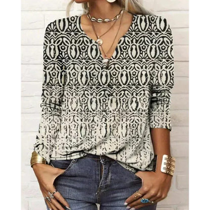 Katharina - Boho-Style Multicolored Blouse, Long Sleeve with V-Neck