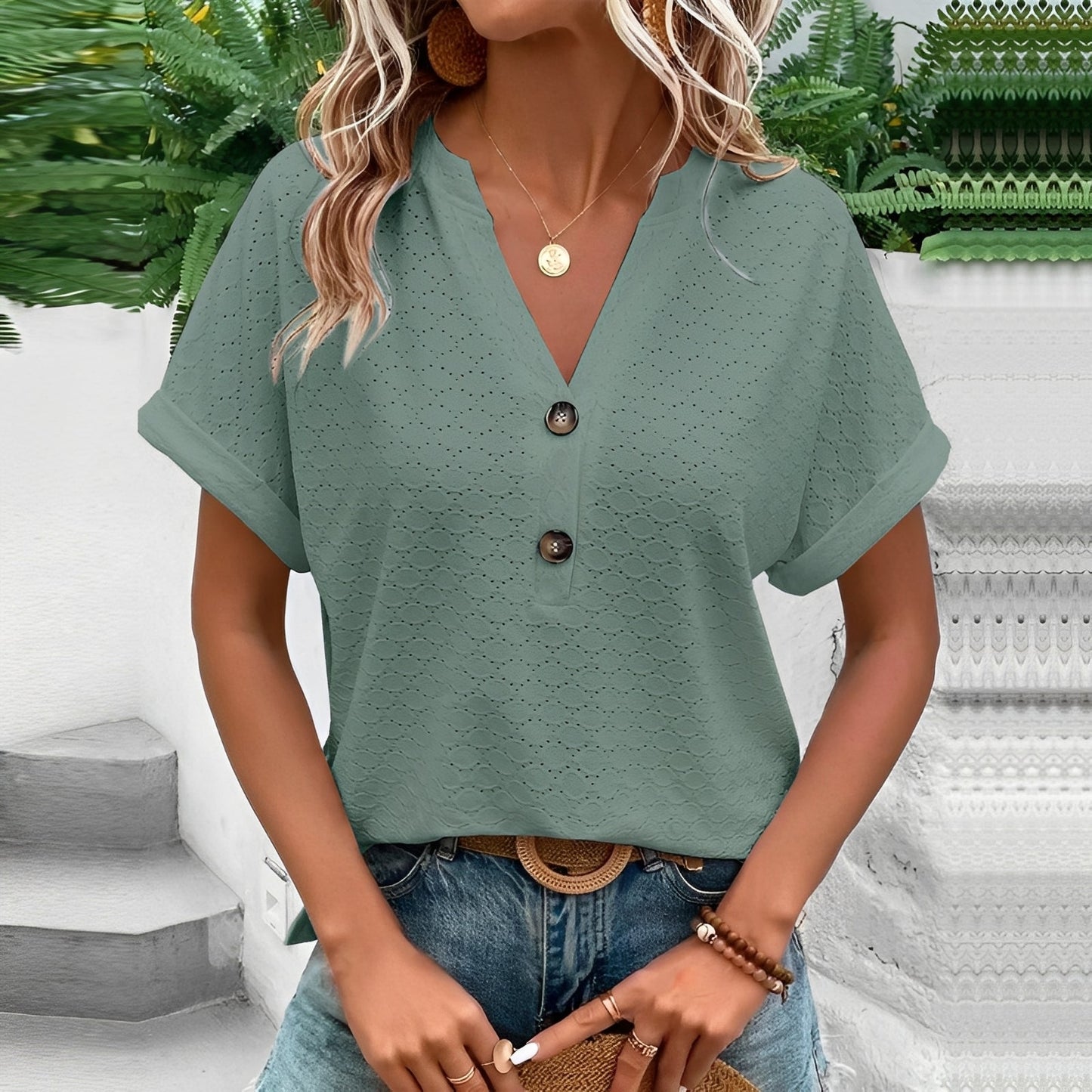 Jennifer - Trendy Women's Short-Sleeve Top with Buttons
