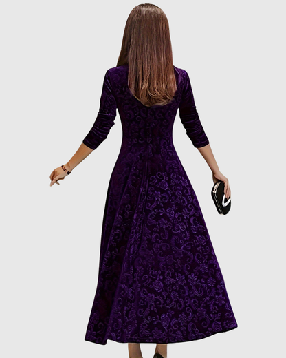 Amandine - Elegant Floral Velvet A-Line Midi Dress