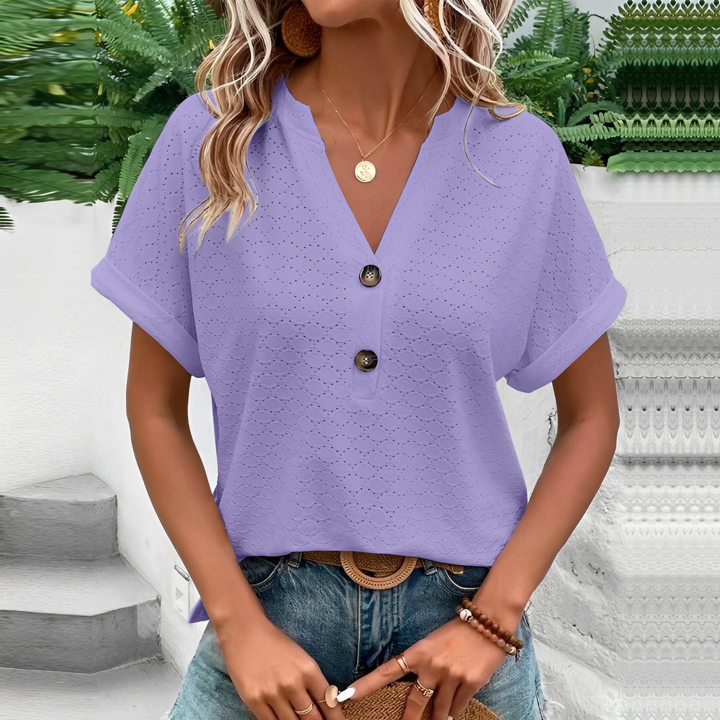 Jennifer - Trendy Women's Short-Sleeve Top with Buttons