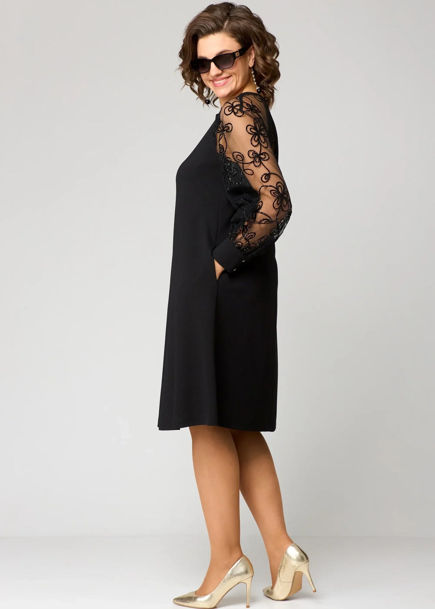 Gabrielle - A-Line Dress with Embroidered Mesh Sleeves