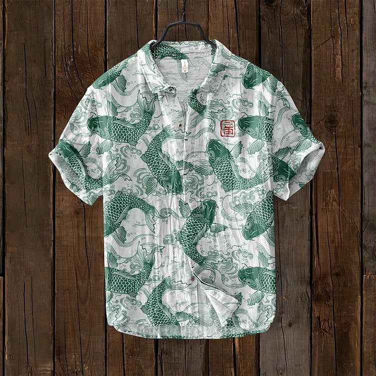 Ogie – Linen Shirt with Vintage Fish Pattern
