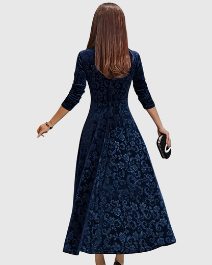 Amandine - Elegant Floral Velvet A-Line Midi Dress