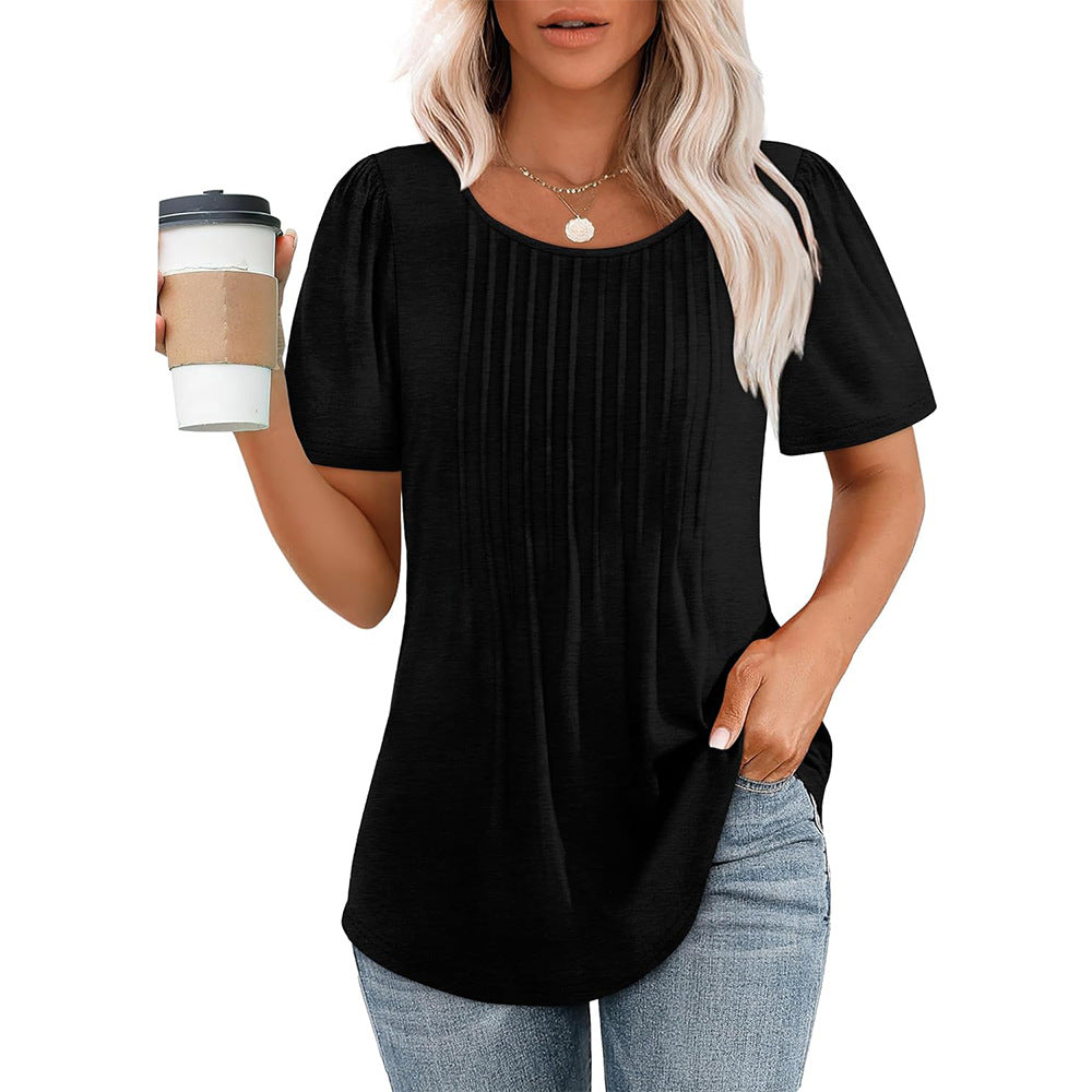Patricia - Casual pleated shirt with crew neck for women