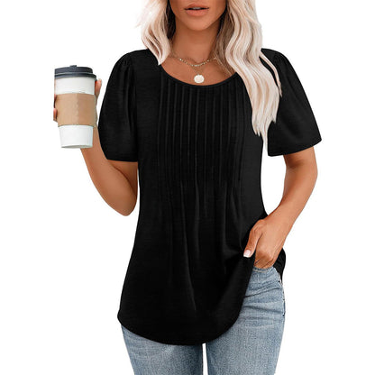 Patricia - Casual pleated shirt with crew neck for women