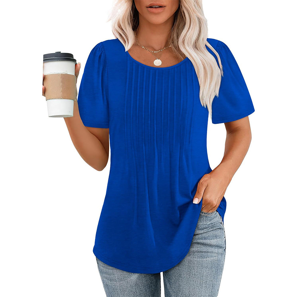 Patricia - Casual pleated shirt with crew neck for women