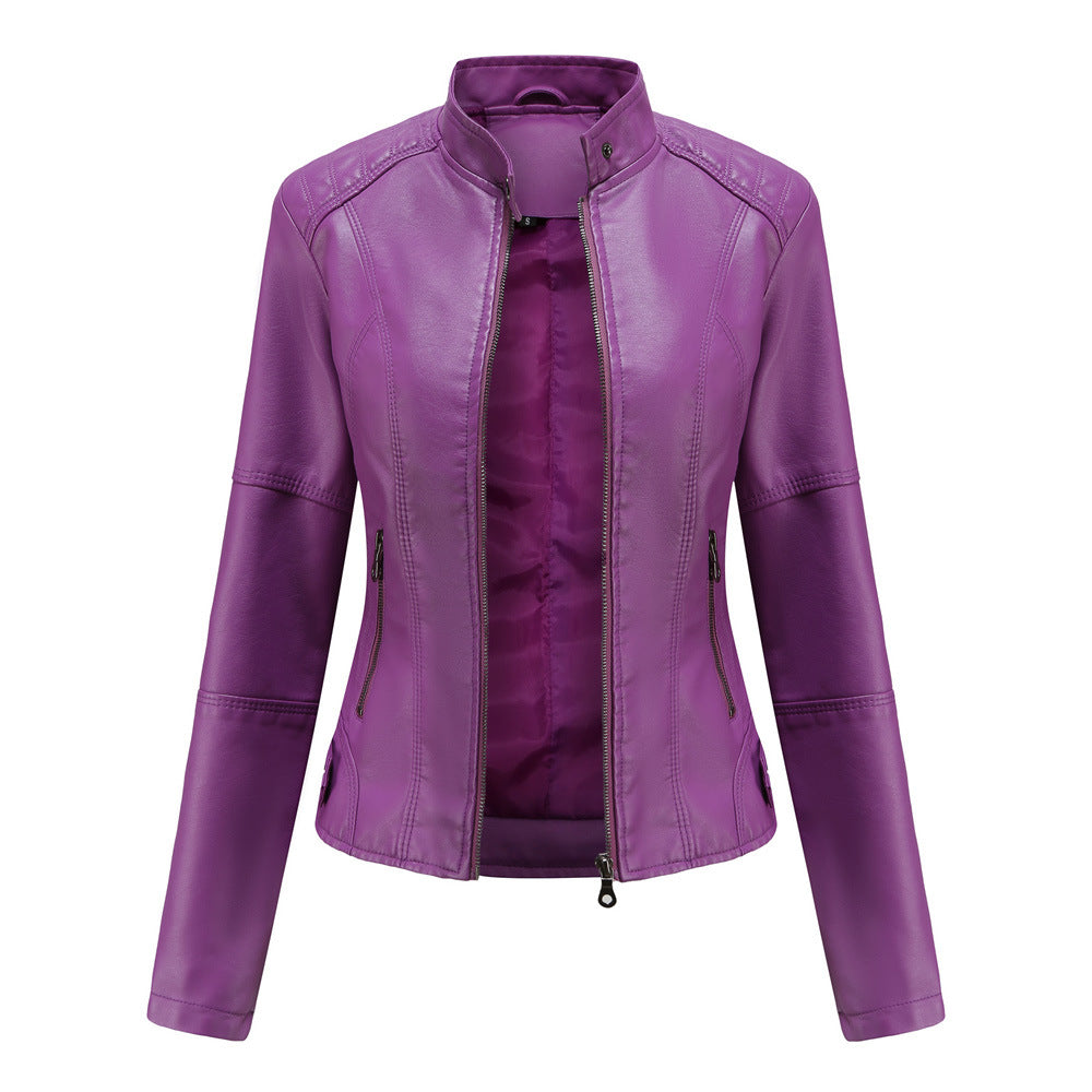 Claudia - Biker leather jacket with raised collar