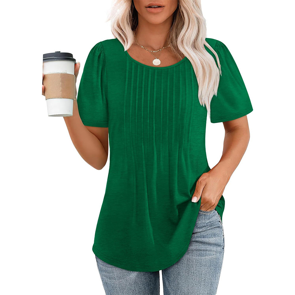 Patricia - Casual pleated shirt with crew neck for women