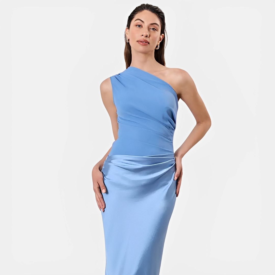Tara – Chic Dress with Asymmetrical Collar and Straight Skirt