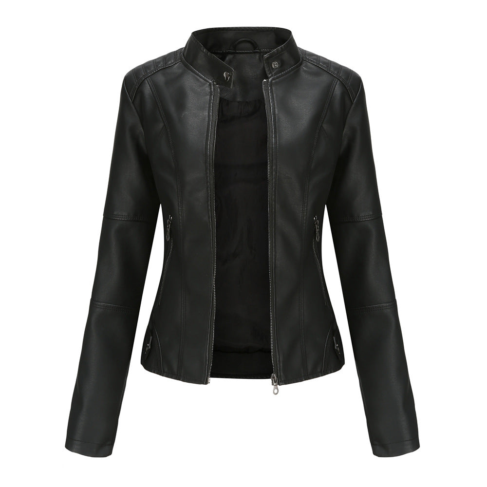 Claudia - Biker leather jacket with raised collar