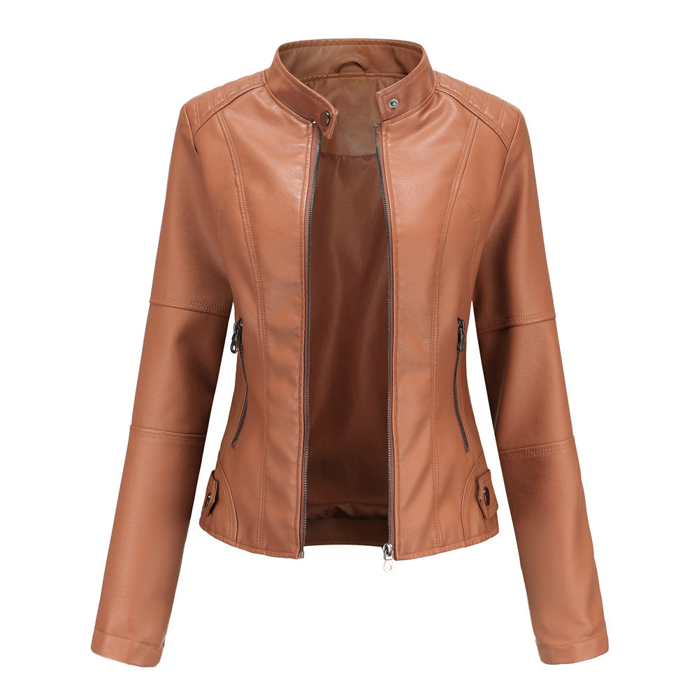 Claudia - Biker leather jacket with raised collar