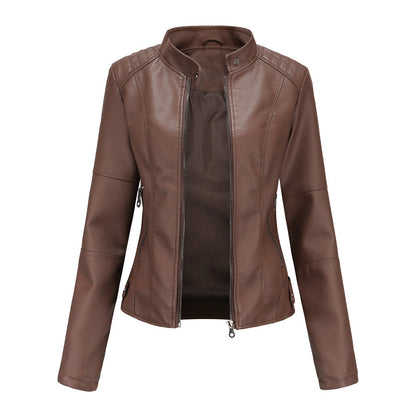 Claudia - Biker leather jacket with raised collar