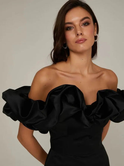 Waverly - Satin Dress with Off-Shoulder Ruffle