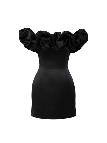 Waverly - Satin Dress with Off-Shoulder Ruffle