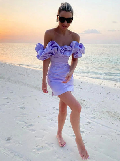 Waverly - Satin Dress with Off-Shoulder Ruffle