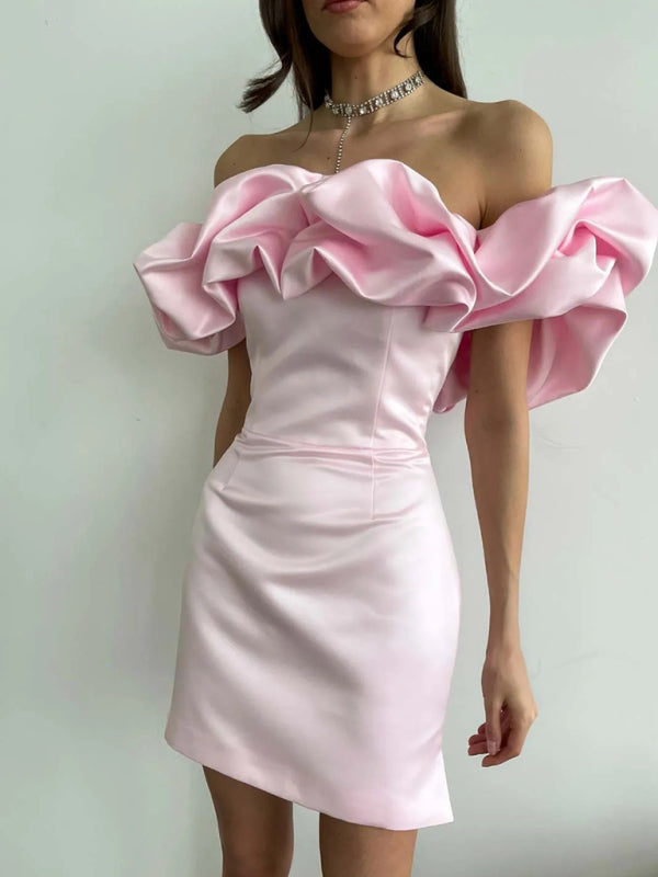 Waverly - Satin Dress with Off-Shoulder Ruffle