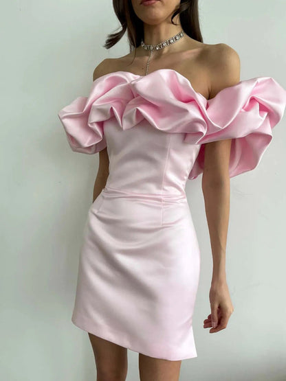 Waverly - Satin Dress with Off-Shoulder Ruffle